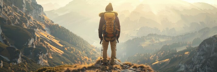 Hiker overlooking sunlit mountain valley - The golden hour bathes a vast valley in light, while a lone hiker stands contemplating the sublime mountainous expanse before him - obrazy, fototapety, plakaty