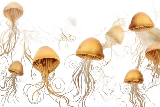 background animals line interior wallpaper jellyfish art decoration watercolor banner abstract luxury dark design print style drawn brown marine textile hand gold