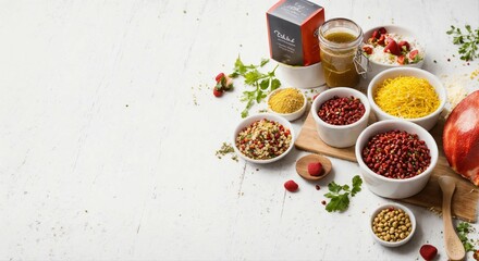 Product photography of a food sachet, ingredients for cooking