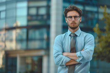 upset office worker who didn't sleep well in a crumpled shirt and poorly tightened tie standing near an office building and looking at the camera. Concept of burnout at work