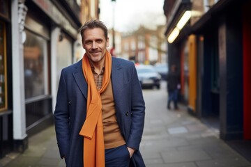 Handsome middle-aged man in an orange coat and orange scarf walking down a narrow street in London.