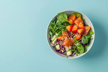 A vibrant and nutritious lunch bowl showcasing salted salmon salad, set against a pale blue backdrop.





