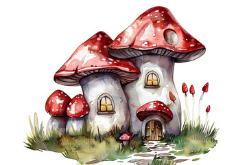 watercolor mushroom fairy house clipart,color red isolated on white background