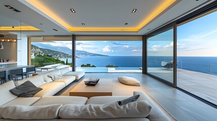 Luxury villa with terrace and floor to ceiling panoramic window with amazing sea view. Interior design of modern living room.
