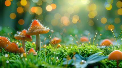 A magical cluster of mushrooms with a soft glow against a bokeh background in an enchanted forest setting.
