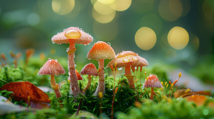 Delicate pink mushrooms adorned with water droplets, nestled in a dewy, green forest environment. - obrazy, fototapety, plakaty