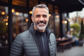 Portrait of a handsome senior man with beard and mustache smiling outdoors - obrazy, fototapety, plakaty