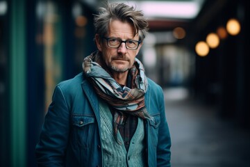 Portrait of a handsome mature man in glasses and a blue jacket on the street.