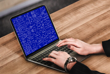 Mathematic equations and modish formula on computer screen showing concept of science and education