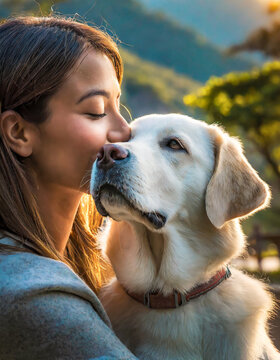 young woman giving a kiss to her happy dog, nature background