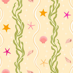 beach sea ocean seamless pattern. conch, sea star. starfish, shell, kelp, sea grass, sea weed, sand background. good for fabric, bedding, fashion design, resort wear, textile, swim wear, wallpaper.