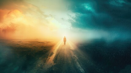 Man walking between weather extremes - Man caught between sunny and stormy weather, symbolizing life's contrasts - obrazy, fototapety, plakaty