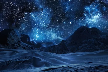 Poster Starry night sky over desolate desert landscape - A breathtaking starry night sky spreads over a stark desert landscape, evoking a sense of wonder and vastness © Tida
