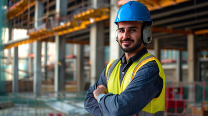 A portrait of a worker, wearing a blue helmet and ear muffs with headphones on his head, standing confidently against the backdrop of a construction site. - obrazy, fototapety, plakaty