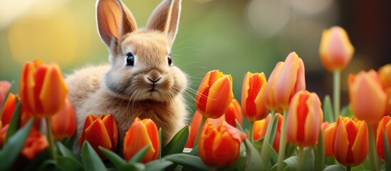 Adorable baby rabbit with bright tulips - Powered by Adobe