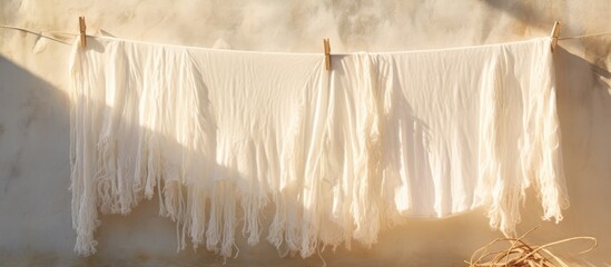 A white cloth is gently swaying in the breeze on a wooden clothesline, creating a serene visual arts composition against a backdrop of lush green grass and a beautifully landscaped garden