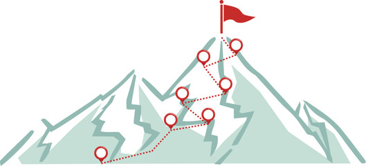 山、山頂に赤い旗のある登山ルートとポイント地点にアイコンを配置したベクターイラスト - obrazy, fototapety, plakaty