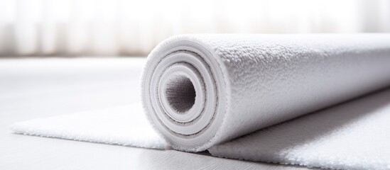Soft carpet roll on white surface. Interior decor.