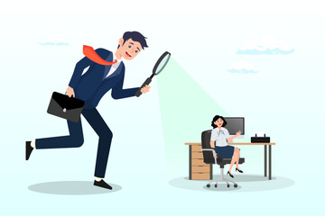 Micromanager boss using magnifying glass keep looking at employee working, toxic manager monitoring every details, excessive supervision and control of employee work and processes (Vector)