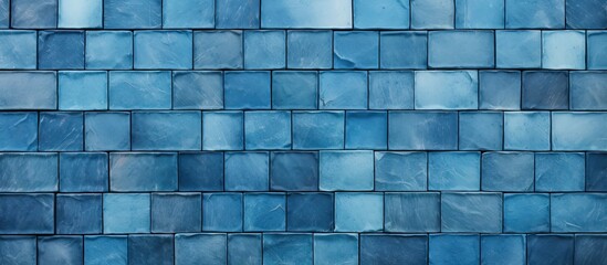 An electric blue tile roof with a rectangular pattern resembling brick flooring, creating a symmetrical design in shades of azure and aqua