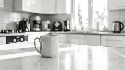 Fototapeta na wymiar White coffee cup on modern kitchen table with morning light, summer breakfast, copy space for text
