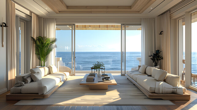 A comfortable living room in a condominium with furniture made of wood, a table, and a view of the ocean. The space is filled with plants for a cozy atmosphere