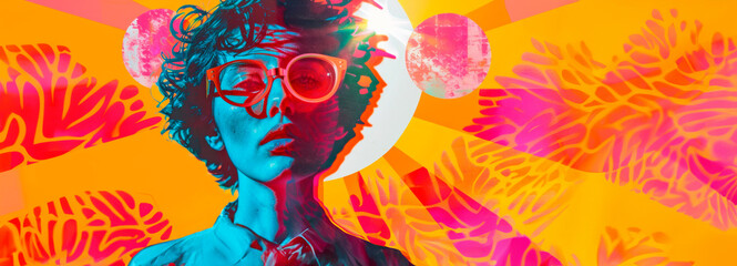 A vibrant portrait melding a person with bold sunglasses and abstract tropical motifs, invoking a pop art aesthetic.