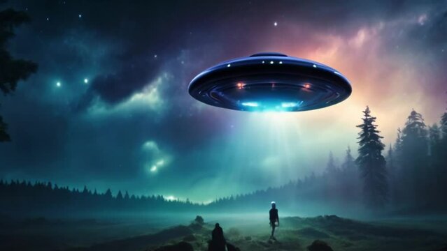 eerie alien ufo abduction lit up in the night sky