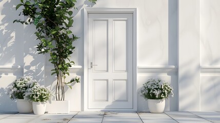 Fototapeta na wymiar Main entrance door. White front door with landing in minimalist style home cottage house. 