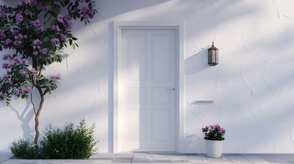 Main entrance door. White front door with landing in minimalist style home cottage house.  - Powered by Adobe