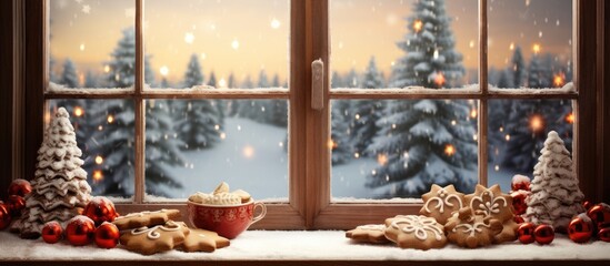 A cozy living room window with a picture frame, displaying a view of a snowy building outside. On the sill sits a cup of hot chocolate and Christmas cookies
