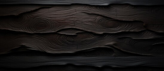 A closeup of a dark hardwood surface with a textured grey pattern resembling a landscape, with hints of sky and water reflecting in the darkness - obrazy, fototapety, plakaty
