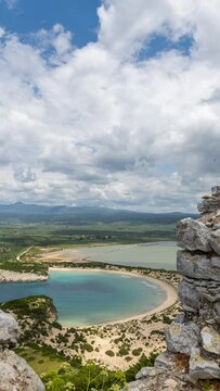 voidokilia beach in the Peloponnese, viewed from navarino fortress, greece in vertical