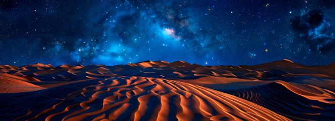 Undulating dunes beneath a cosmic sky, where stars dot the deep blue and the Milky Way illuminates...