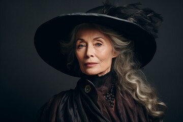 Portrait of a beautiful senior woman in black hat and dress.