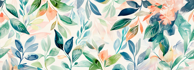 A vibrant watercolor artwork showcasing an assortment of lush green leaves with splashes of subtle floral accents, creating a fresh and invigorating botanical scene. - obrazy, fototapety, plakaty