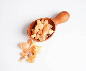 Frankincense or olibanum aromatic resin used in incense and perfumes.