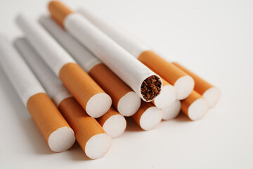 Cigarette, roll tobacco in paper with filter tube, No smoking concept.
