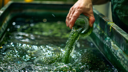 A closeup of a workers hands pouring a mixture of algae and natural enzymes into a large vat beginning the process of converting the organic material into bioplastics.