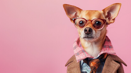 close up of a Chihuahua dog  portrait wearing glasses and french style suiy with gradient backdrops