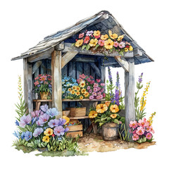 Fototapeta na wymiar garden shelter and flowers vector illustration in watercolour style