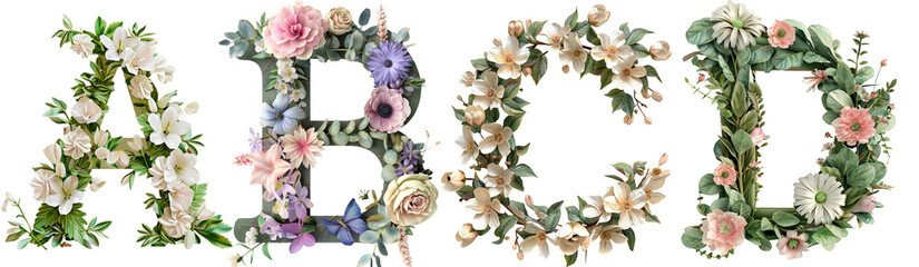 flower alphabet A,B,C,D isolated on white - obrazy, fototapety, plakaty