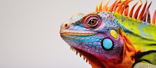 Obraz premium A vibrant iguana, a type of scaled reptile from the Iguania family, is perched on a white surface. The colorful creature resembles a work of art with its striking iris and unique markings