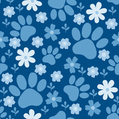 Animal footprint seamless pattern. Pet step trace and flowers in blue shades. Veterinary allover background. Childrens endless illustration. Flat paw print allover © Shakhnoza