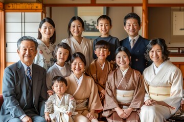 Traditional Japanese Family Gathered in Kimono Attire for a Celebratory Occasion in a Tatami Room
