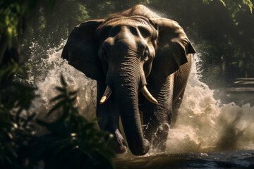 Majestic Charge: The Powerful Presence of an Elephant Amidst River Rapids at Dusk