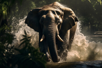 Fototapeta premium Majestic Charge: The Powerful Presence of an Elephant Amidst River Rapids at Dusk
