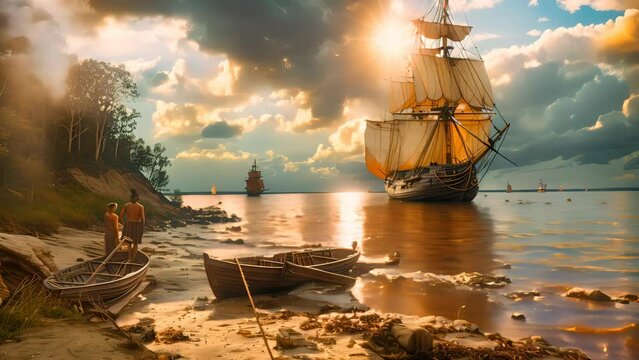 4K HD video clips  Christopher Lambus set out on a sailing ship in search of India but landed on the coast of the Americas on October 12, 1492.