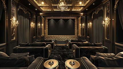 An opulent home theater adorned with plush black velvet seating and gold-accented wall panels, providing the perfect setting for movie nights in style.