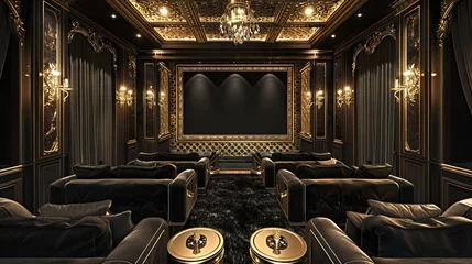 Foto op Plexiglas An opulent home theater adorned with plush black velvet seating and gold-accented wall panels, providing the perfect setting for movie nights in style. © AQ Arts